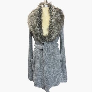 By Design XL Cardigan Sweater Grey Faux Fur Collar Belt Knit Mob Wife Cozy Y2K